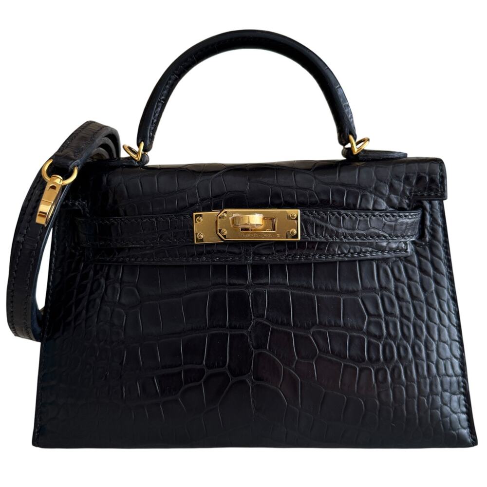 Hermes Kelly Mini 20 Matte Alligator Leather Black Noir Gold Hardware